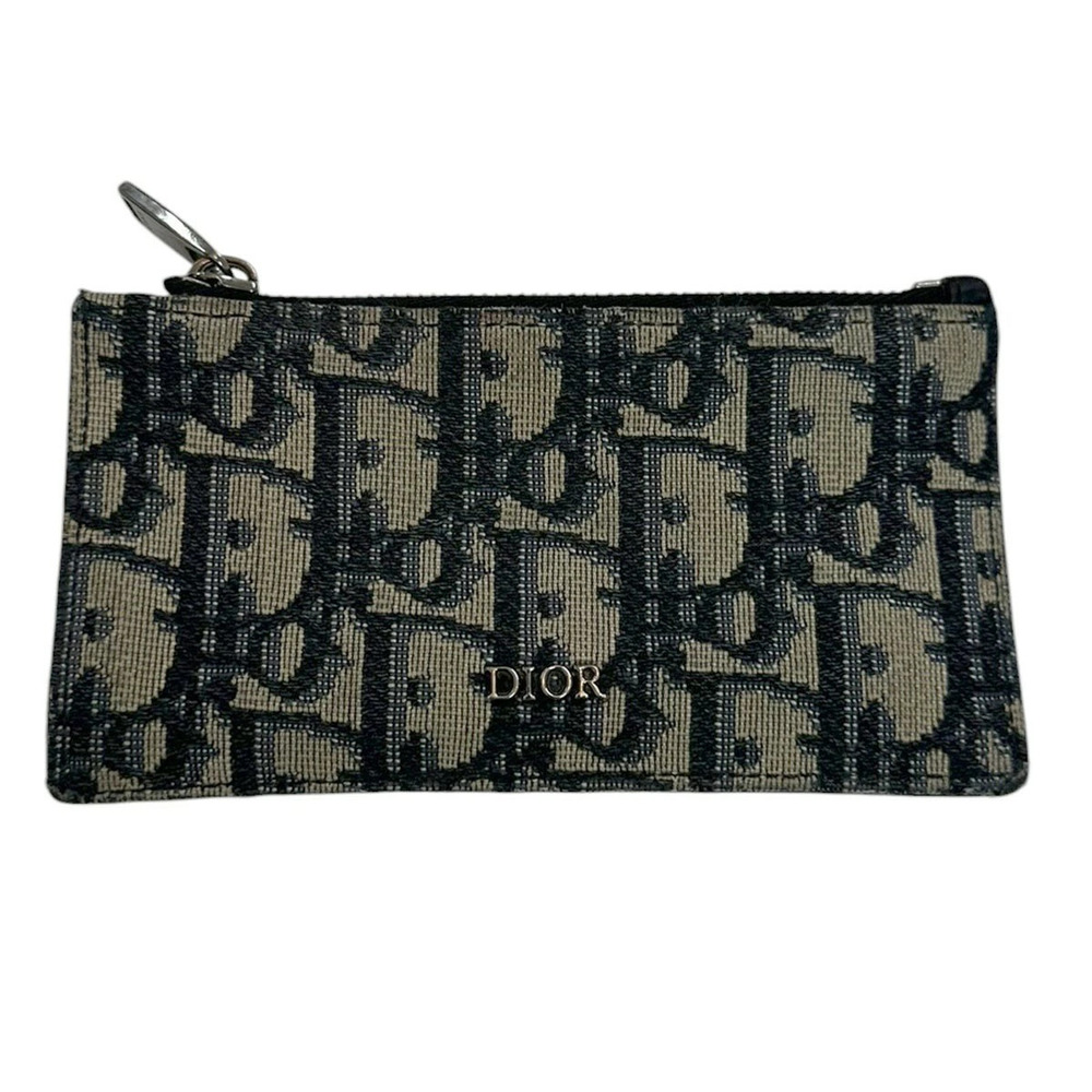 Christian Dior Oblique Coin Card Case Wallet Canvas Leather Beige Blue